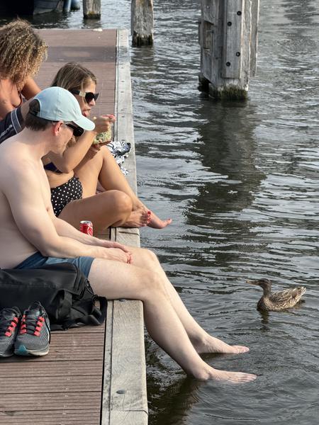 This photo captures a serene summer afternoon at Kade West, Marineterrein, Amsterdam, where three people are relaxing on a wooden dock with their feet in the water